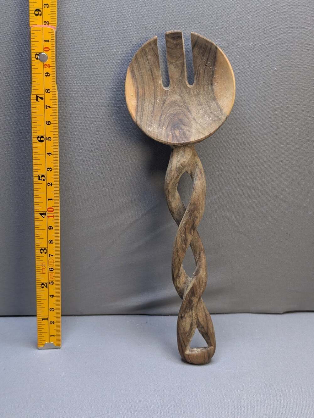 Carved Wooden Salad Serving Fork 9"Twisted Spiral Handle Rustic Kitchen Decor